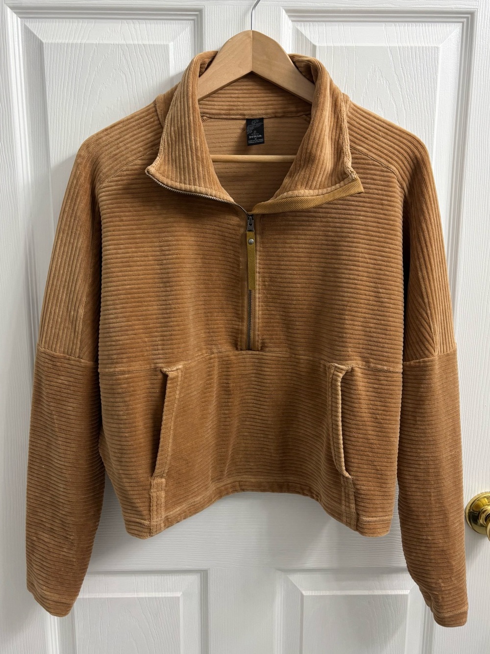 Prana Ribbed Escambia Pullover Half Zip Sweatshirt Camel Brown Medium Velour